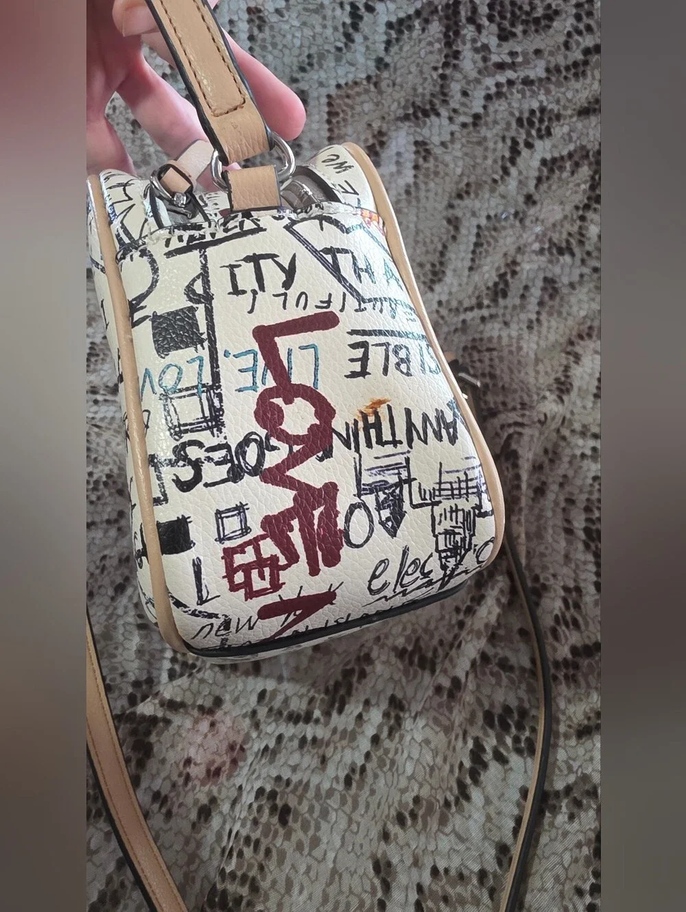 DKNY Graffiti Logo Crossbody in White, Teal & Mustard